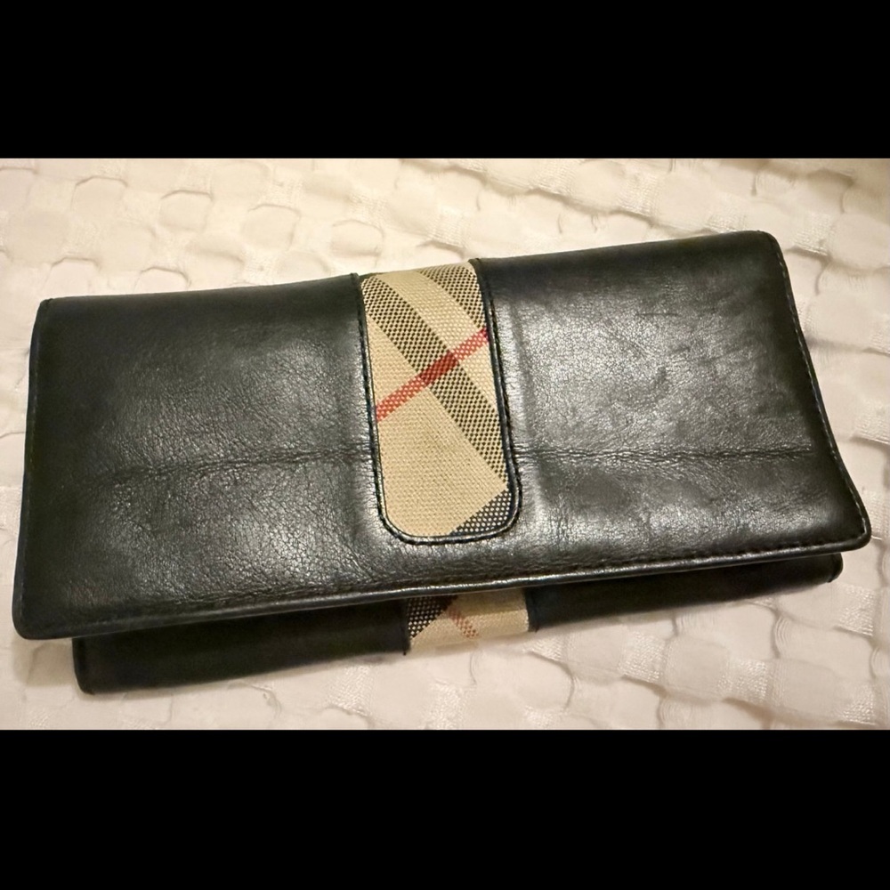 Black burberry Leather Clutch with Plaid Accent